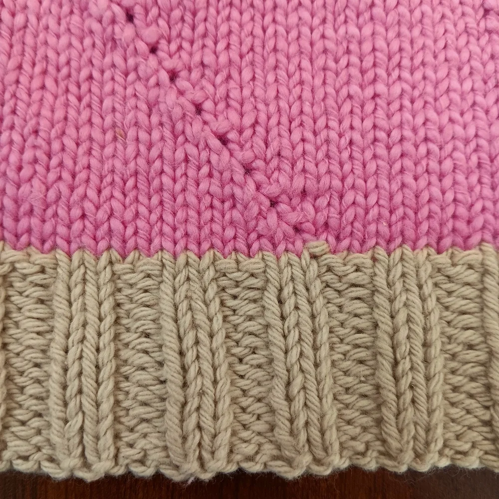 Hand Crafted Handknit Pink Cotton Strawberry Swirl Ice Cream Cone Baby Hat 6M